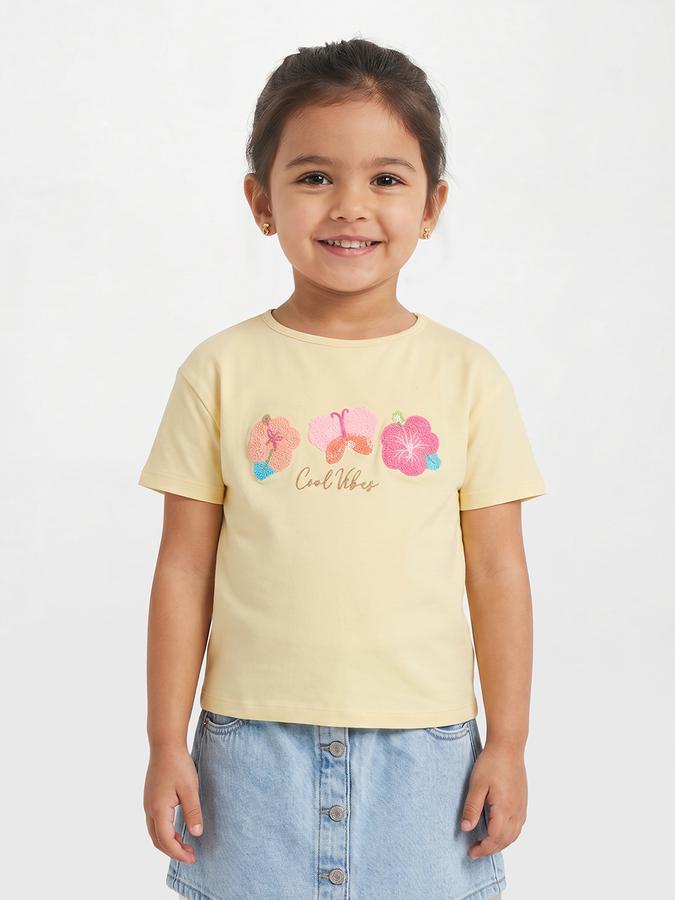 R&B Girls Yellow Regular Fit Floral Embroidered Short Sleeve T-shirt