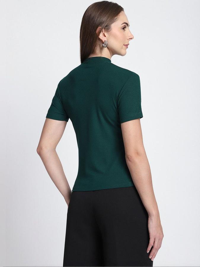 R&B Womens Dark Green Self Design High Neck Short Sleeves Top