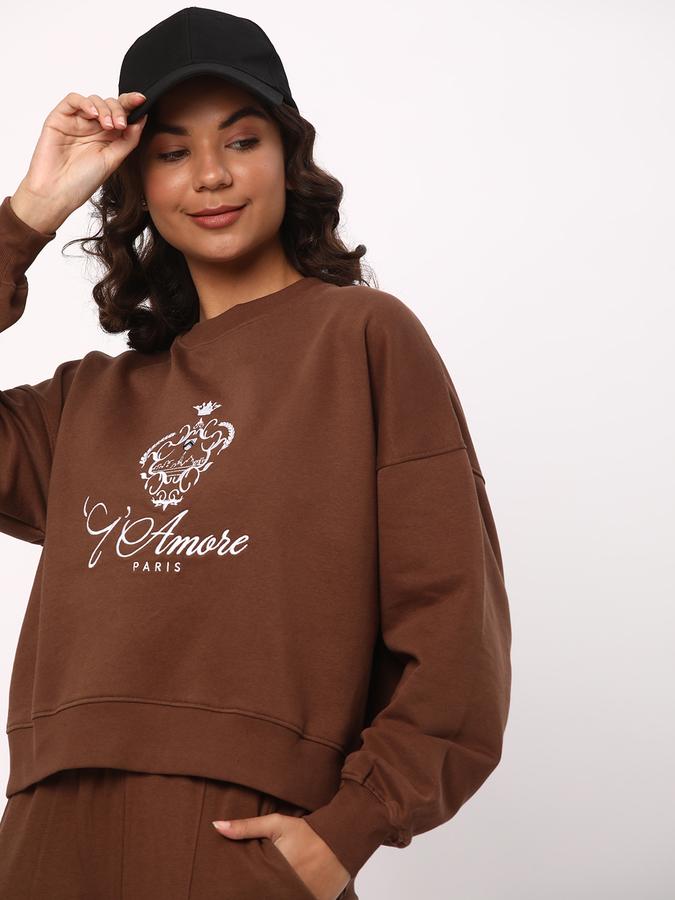 Women Cotton Blend Regular Fit Round Neck Graphic Sweatshirt