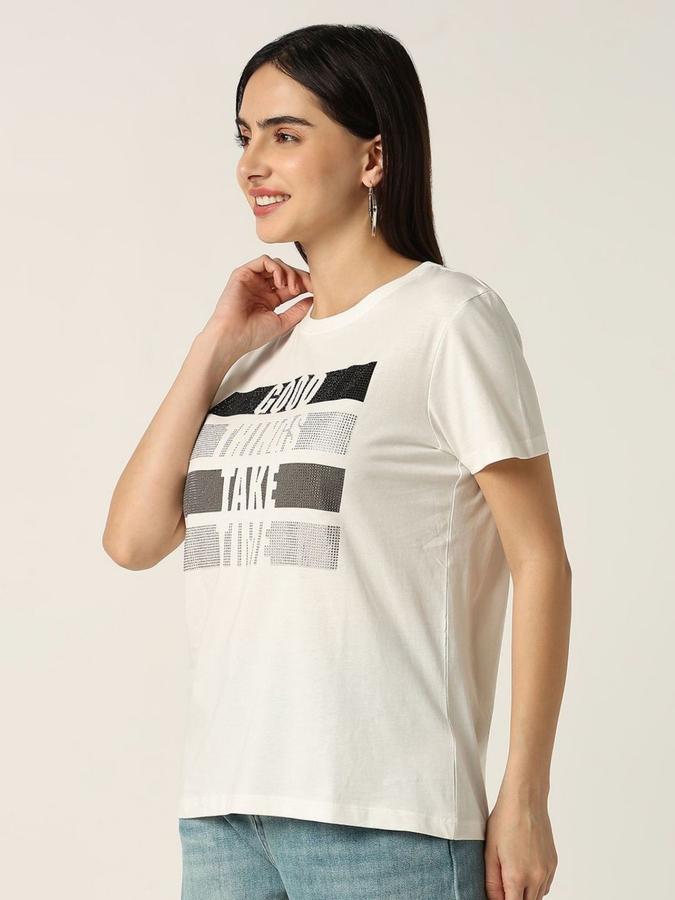 Women Cotton Regular Fit Crew Neck Slogan T-shirt