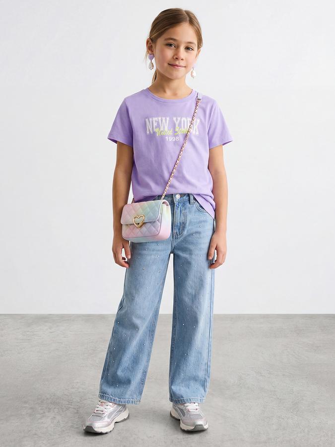 R&B Girls Purple Regular Fit Typography Short Sleeve T-shirt