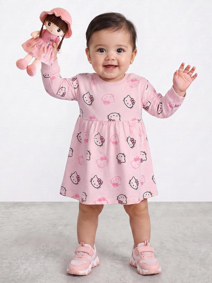 R&B Girls Light Pink Hello Kitty Cartoon Character Print Fit and Flare Dress