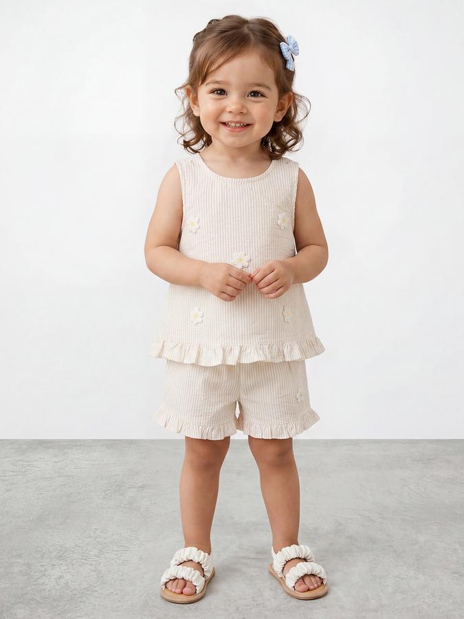 R&B Girls Light Yellow Self Design Pure Cotton Sleeveless Co-ord Set