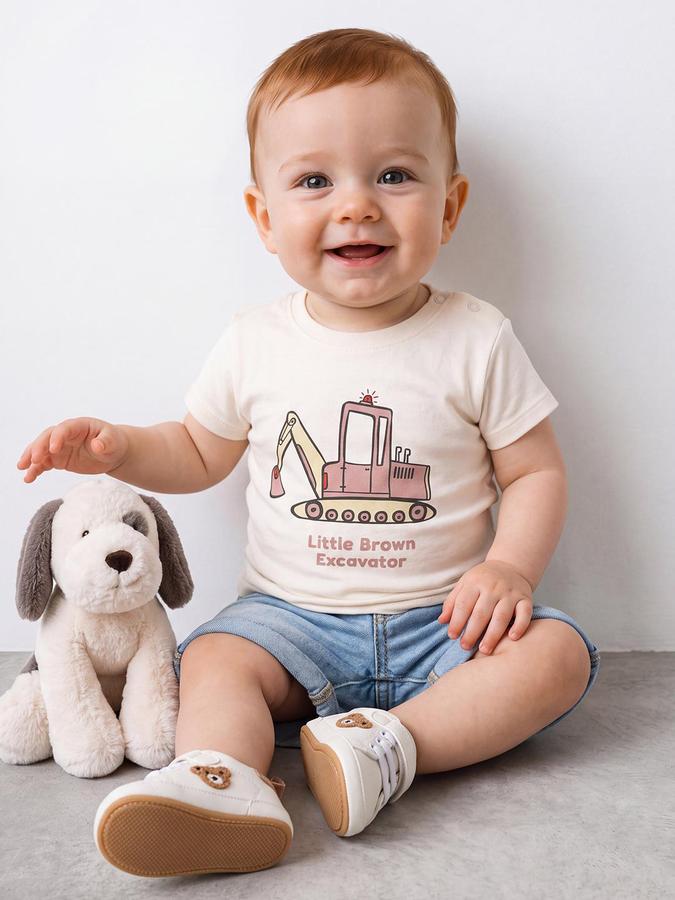 R&B Boys Light Beige Short Sleeve Round Neck Excavator Graphic Print T-Shirt