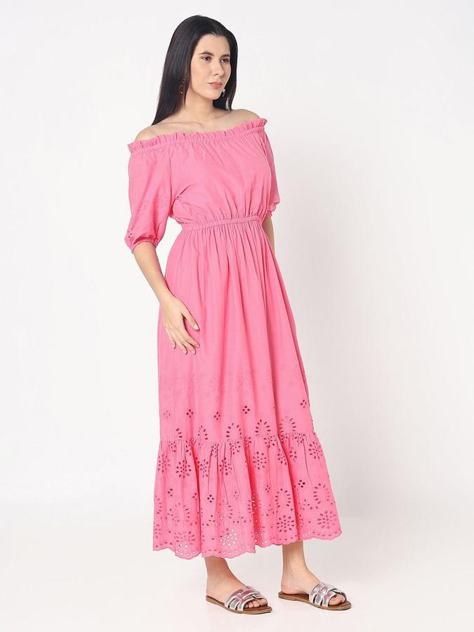 R&B Women Pink Self Design Half Sleeves Off-Shoulder Maxi Fit &amp; Flare Dress