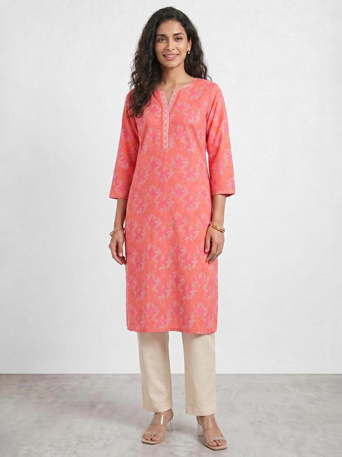 R&B Women PINK Printed V-Neck Three-Quarter Sleeves Calf Length Straight Kurta 