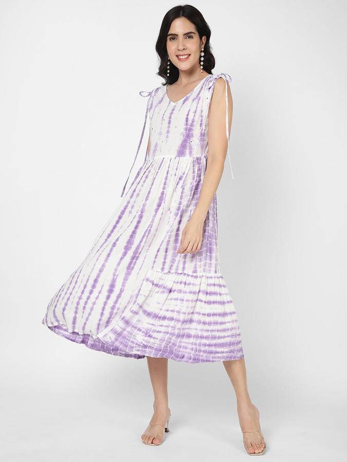R&B Women Lavender Tie - Dye Sleeveless V-Neck Midi A-Line Ethnic Dress