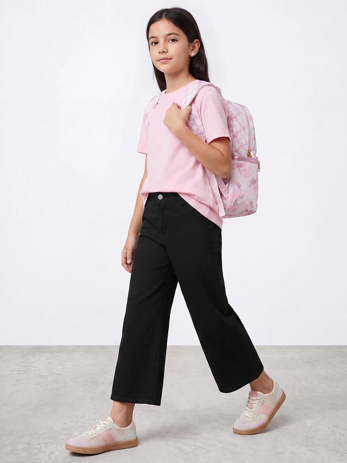 R&B Girls Black Solid Wide Leg Mid Rise Trousers