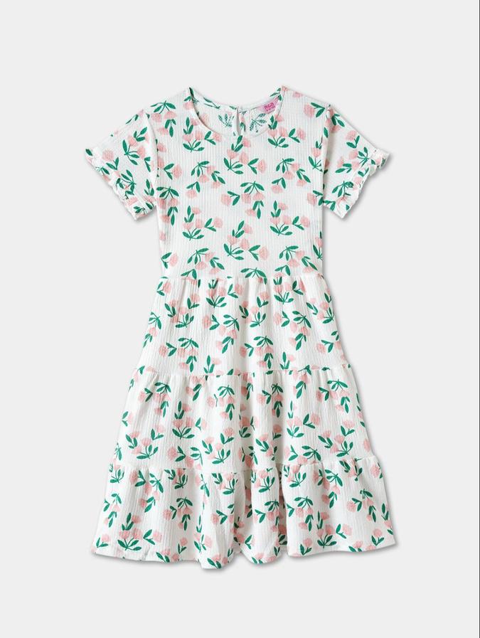 R&B White Floral Printed Girls Short Sleeves Dress