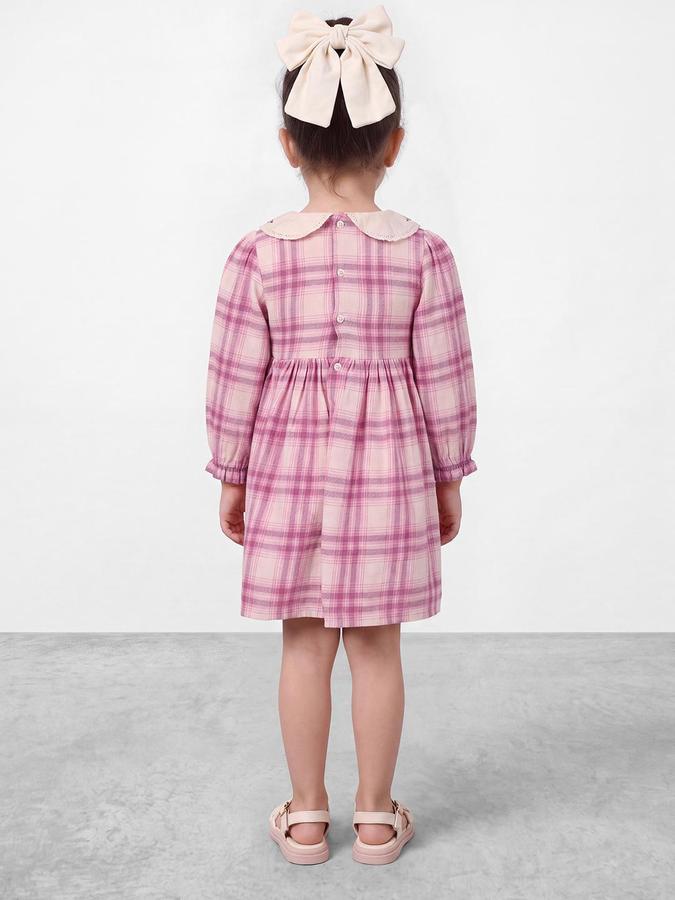 R&B Girls Pink Checked Peter Pan Collar Bishop Sleeves A Line Dress