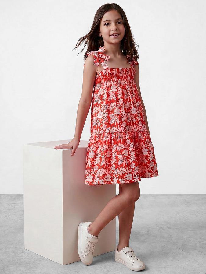 R&B Red Cotton Printed Girls Dresses