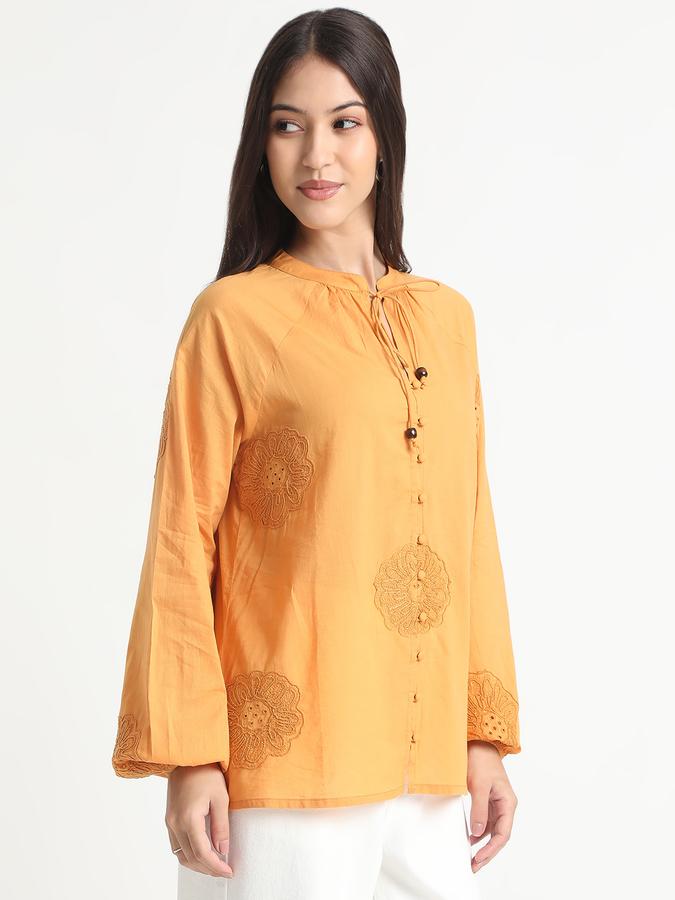 Women Cotton Relaxed Fit Tie Neck Embroidered Top