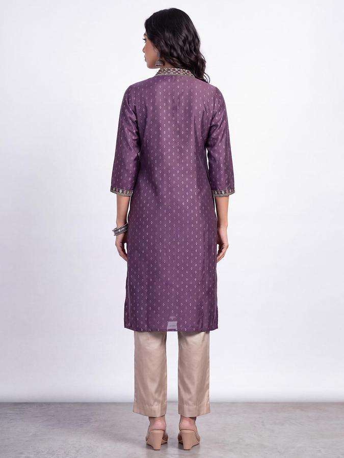 R&B Women Purple Embroidered V-Neck Three-Quarter Sleeve Ikat Kurta