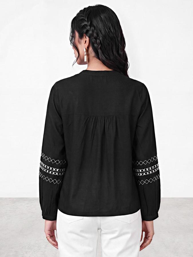 R&B Womens Black Mandarin Collar Long Sleeves Embroidered Top