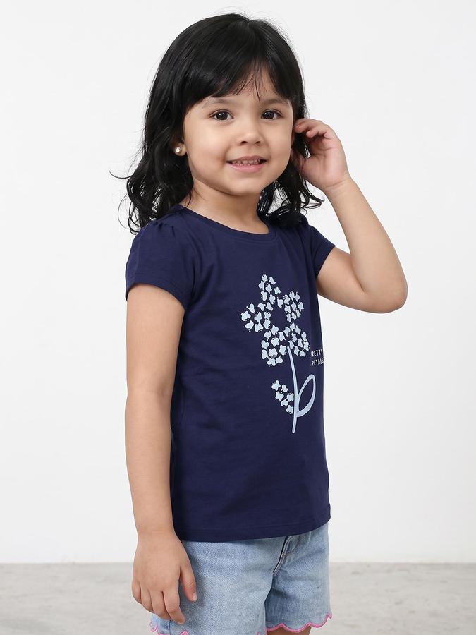 R&B Girls Navy Floral Print Short Sleeves Round Neck Pure Cotton T-Shirt