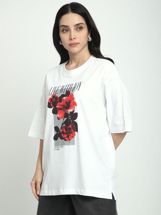 R&B Womens White Floral Print Round Neck Short Sleeves T-shirt