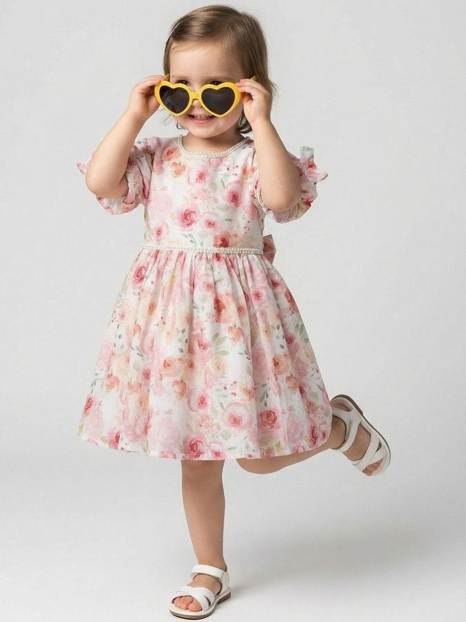 R&B Girls Pink Floral Half Sleeves Round Neck Knee Length Fit &amp; Flare Dress