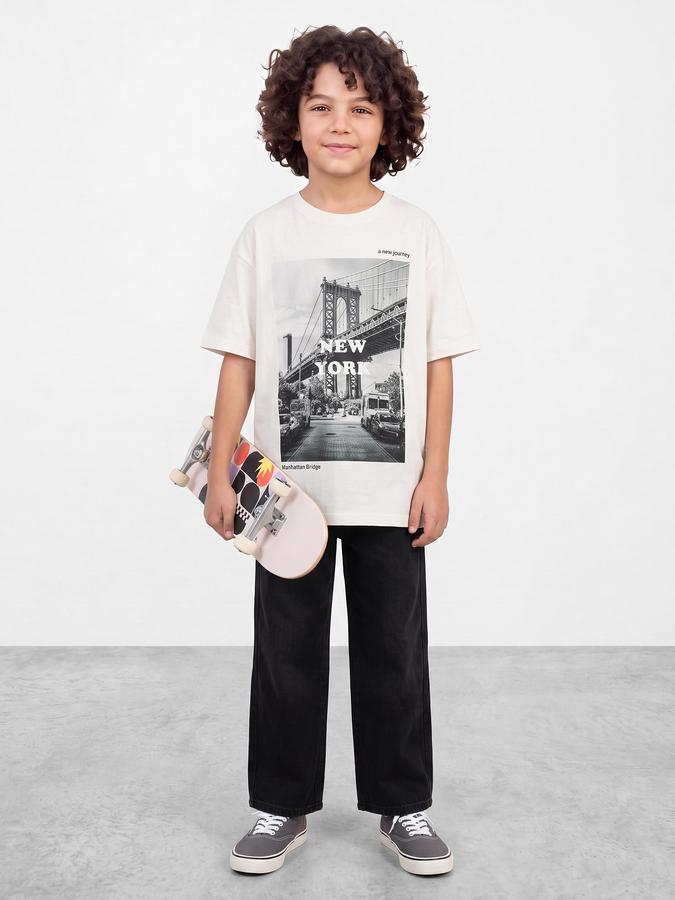 R&B Boys White Graphic Print Short Sleeves Round Neck Pure Cotton T-Shirt