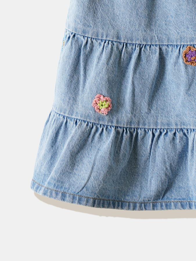 Girls Denim Regular Fit Square Neck Tiered Dress