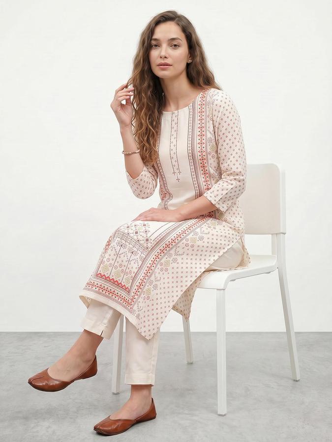 R&B Women Off White Printed Round Neck Three-Quarter Sleeves Calf Length Straight Kurta 