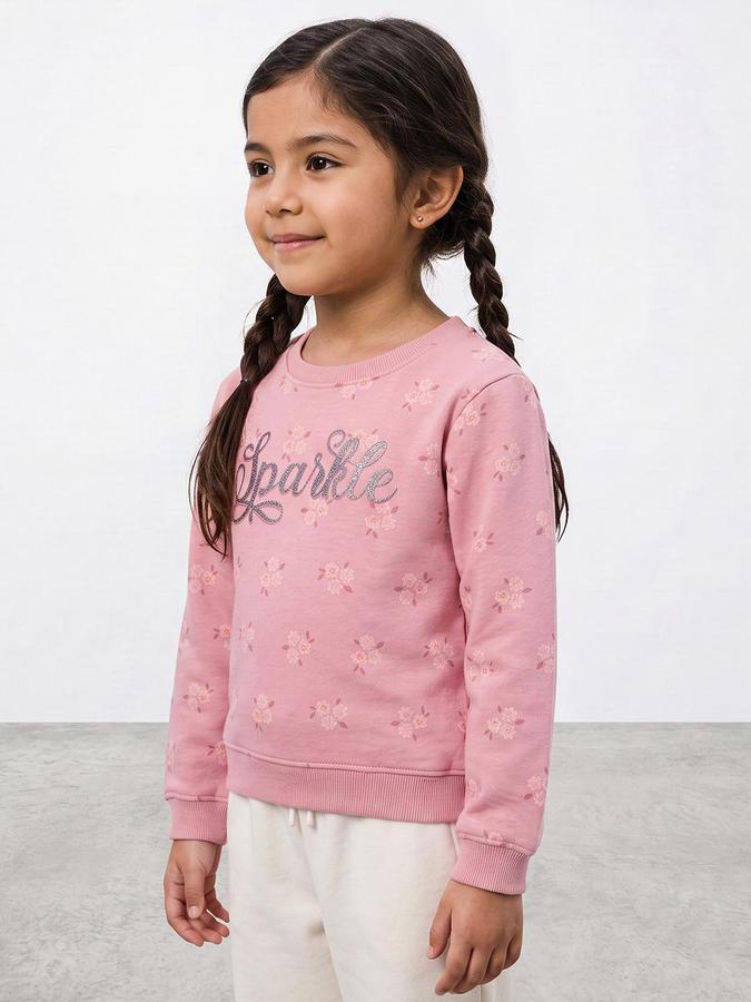 R&B Girls Pink Floral Print Round Neck Long Sleeves Sweatshirt
