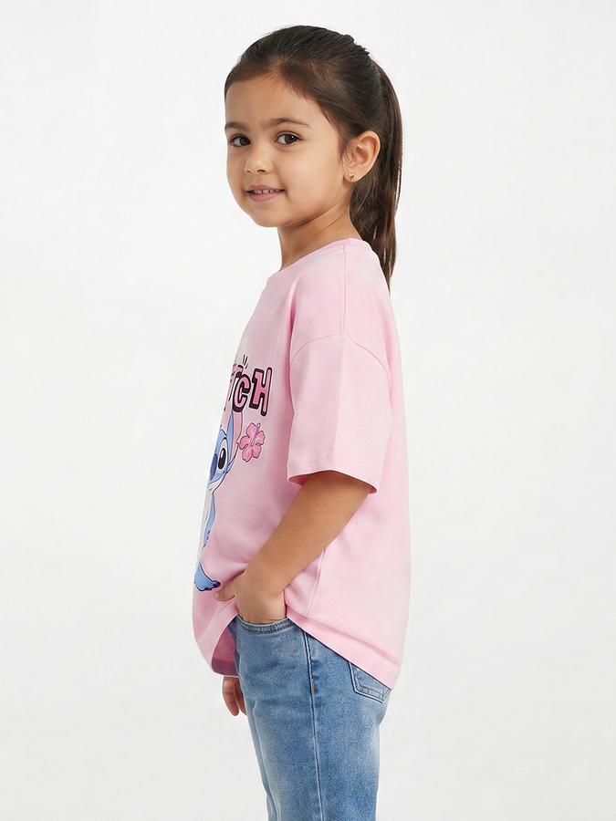 R&B Girls Pink Regular Fit Stitch Printed Short Sleeve T-shirt