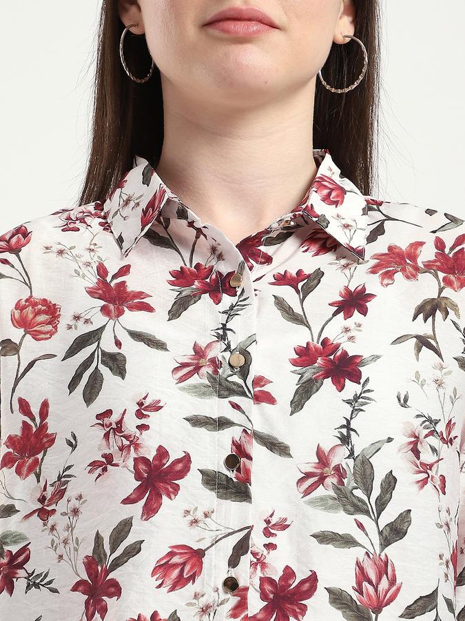 Women Polyester Regular Fit Shirt Collar Floral Top