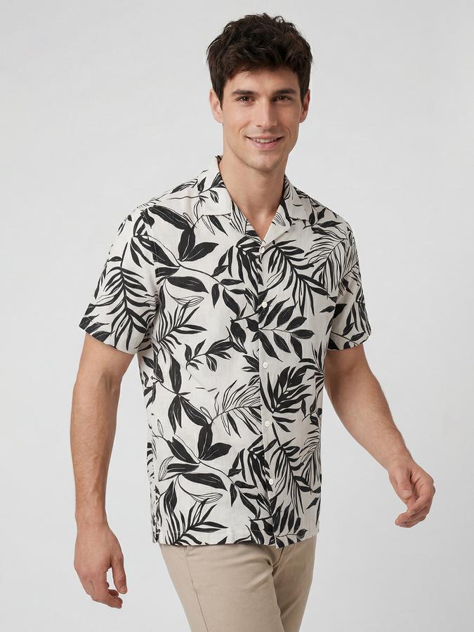 R&B Cream Floral Printed Men Cuban Collar Short Sleeves Shirt