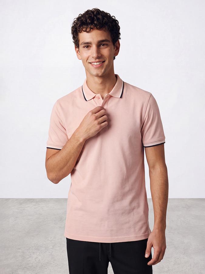 R&B Men Coral Solid Short Sleeves Tipping Polo Collar Tshirt