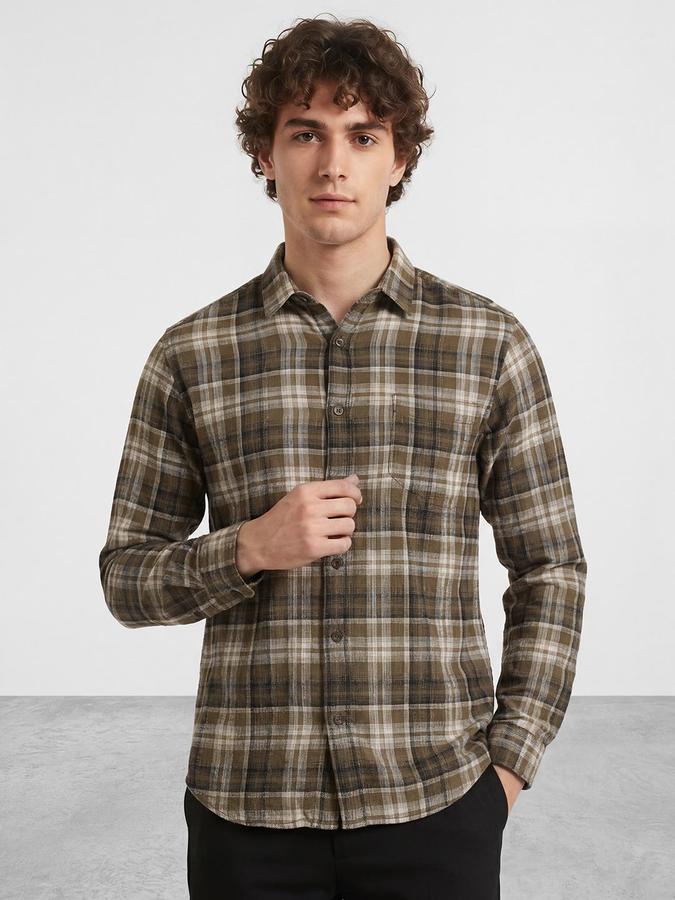 R&B Men Brown Windowpane Checks Spread Collar Long Sleeves Regular Fit Shirt