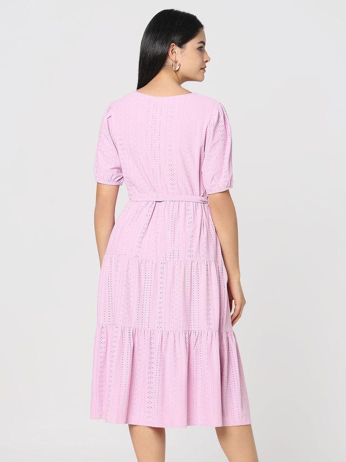 R&B Women Lilac Self Design Half Sleeves V-Neck Knee Length A-Line Dress