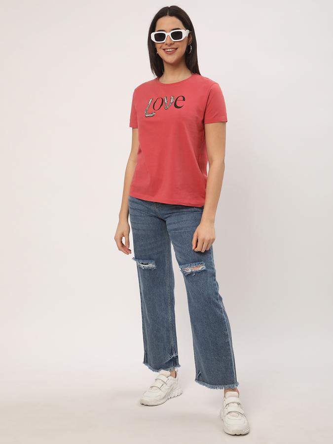 Women Typographic Print Regular Fit Round-Neck T-Shirt image number 1
