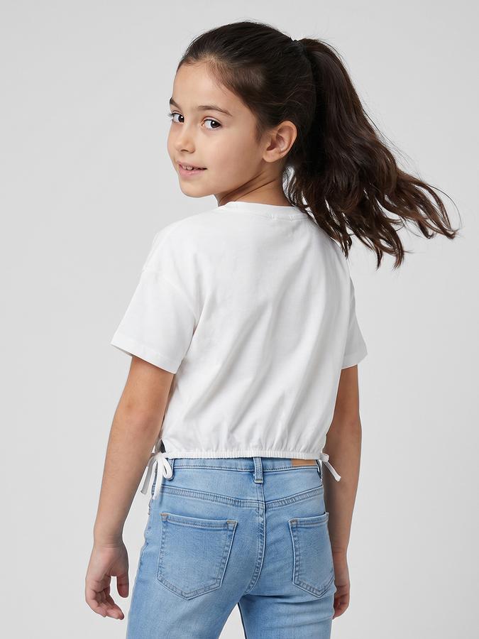 R&B White Graphic Print Girls Round Neck Regular Fit Short Sleeves T-Shirt 
