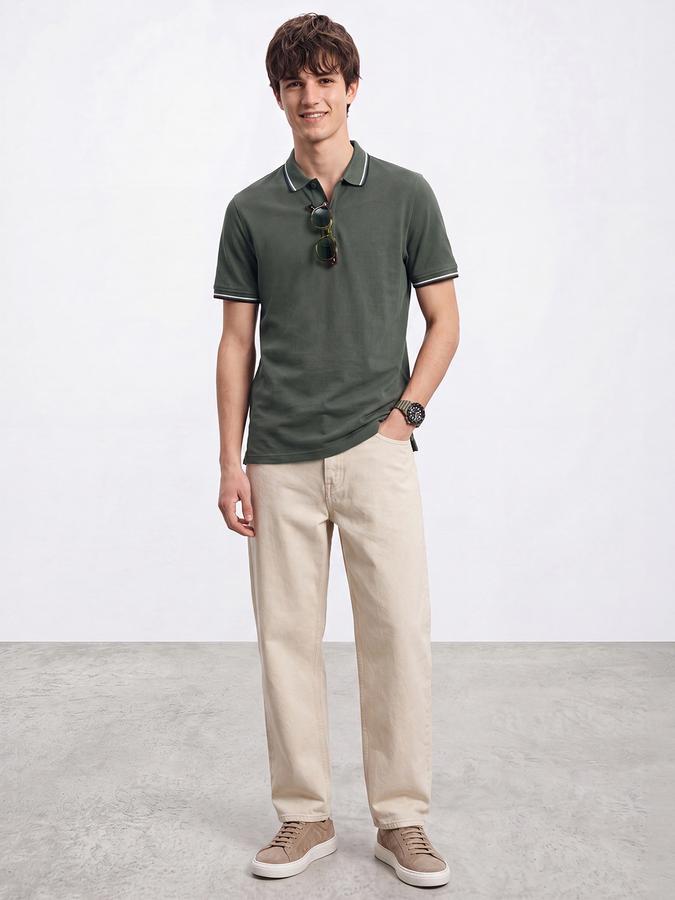 R&B Men Pine Green Solid Short Sleeves Tipping Polo Collar Tshirt