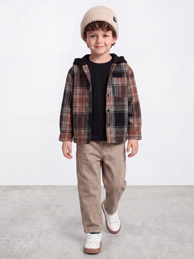 R&B Boys Multi Checked Hooded Fur Collar Long Sleeves Shirt