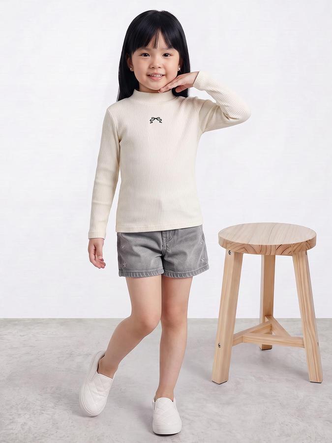 R&B Girls Ivory Textured Long Sleeves High Neck Ribbed T-Shirt
