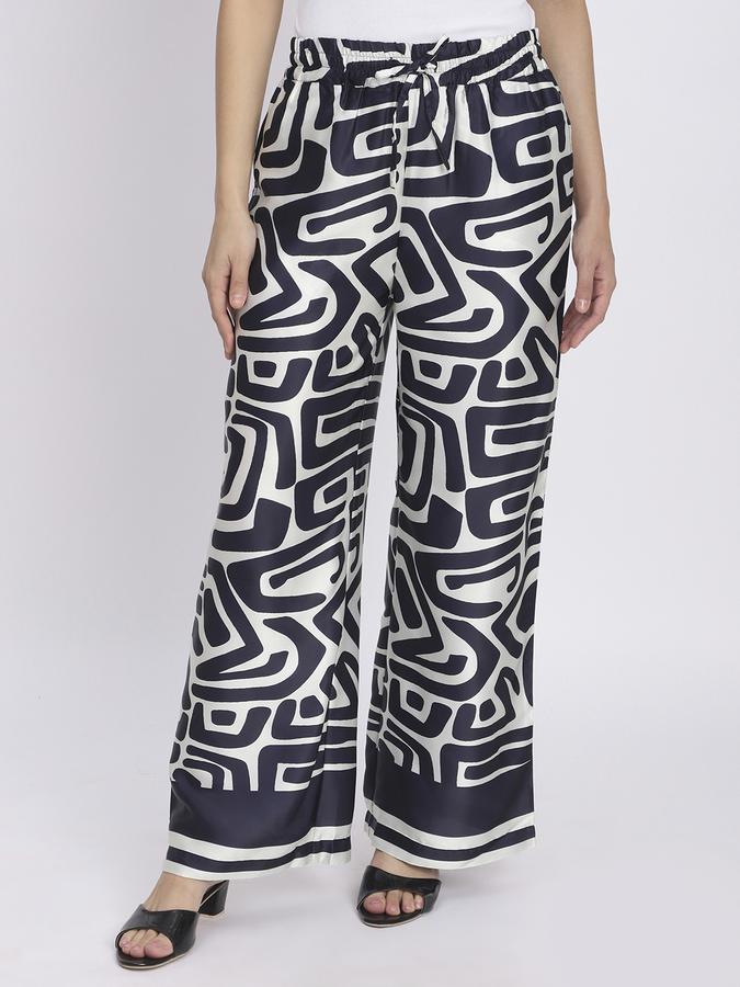 R&B Women Navy Blue Abstract Print Wide-Leg Trousers