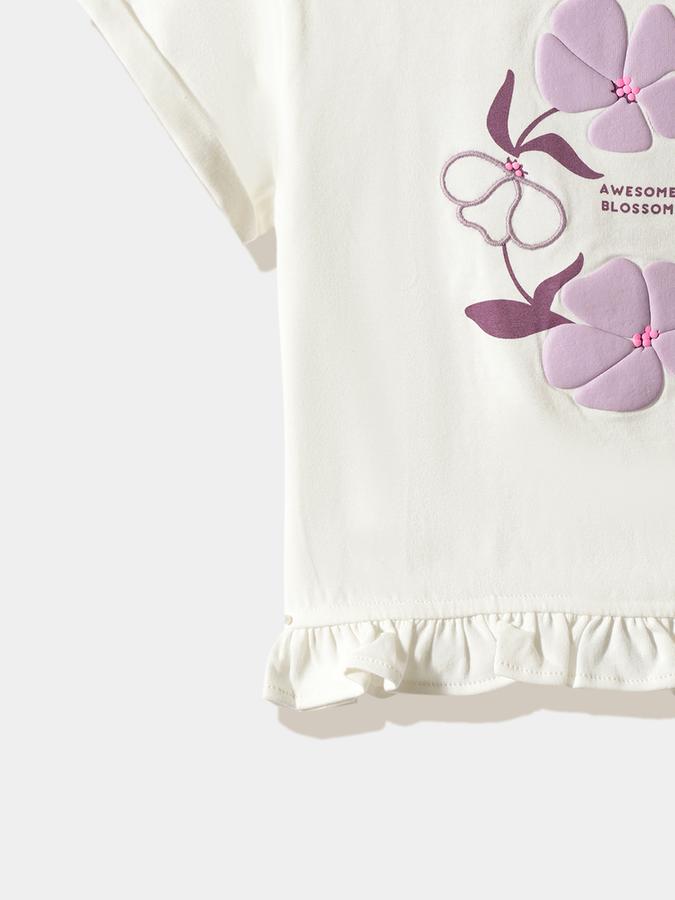 Girls Cotton Regular Fit Crew Neck Short Sleeve Appliqu&eacute; Top