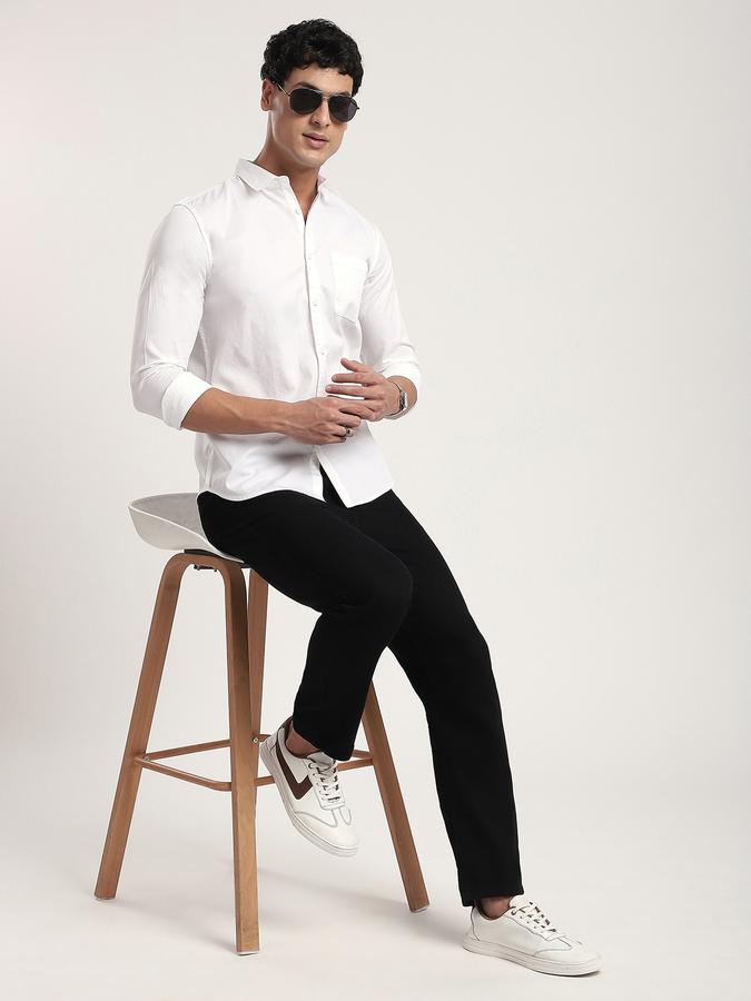 Men Cotton Regular Fit Point Collar Solid Shirt