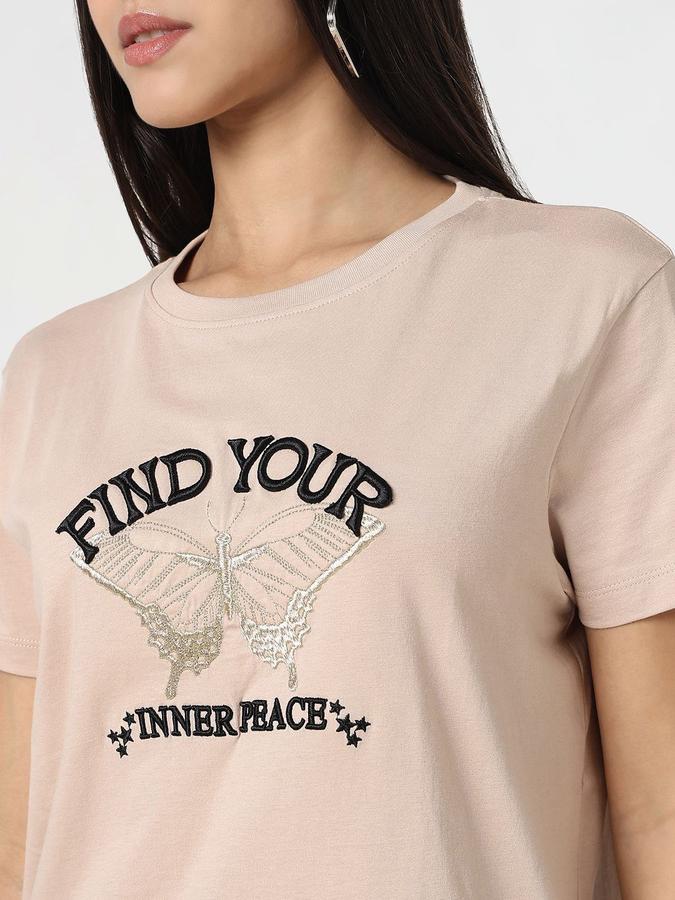 R&B Womens Ivory Typography Printed  Round Neck Short Sleeves T-shirt