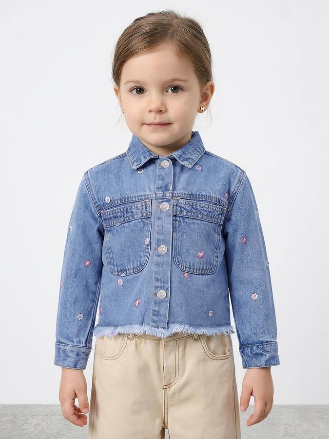 R&B Girls Blue Full Sleeves Floral Embroidery Denim Jacket