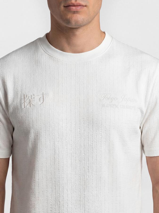 R&B Off White Self Design Men Round Neck Regular Fit Short Sleeves T-Shirt 