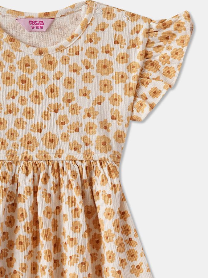 Girls Floral Print Ruffled Sleeve Round Neck A-Line Dress