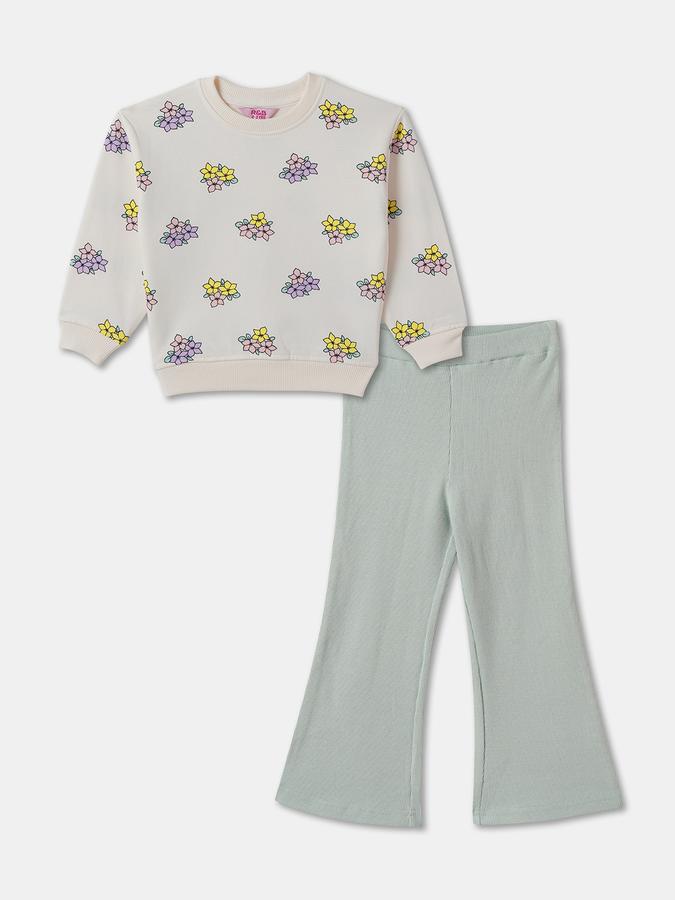 Girls Cotton Blend Floral Sweatshirt And Flared Pants Set
