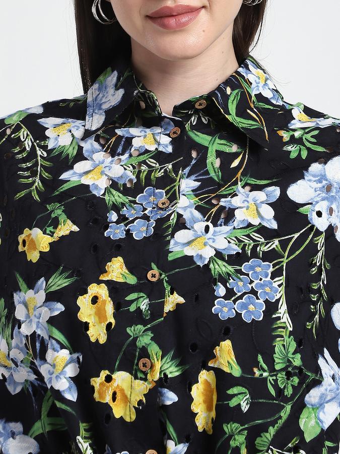 R&B Women Black Floral Print Short-Sleeve Shirt