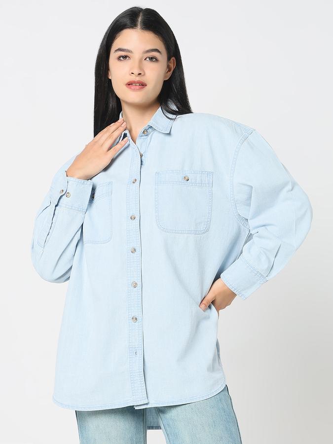 Women Cotton Relaxed Fit Shirt Collar Solid Top