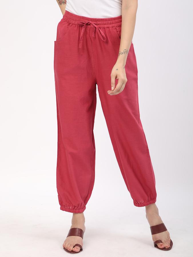 Women Cotton Harem Drawstring Solid Trousers