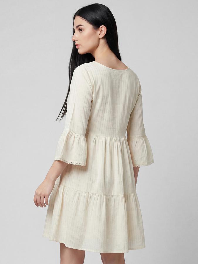 R&B White Embroidered Round Neck Three-Quarter Sleeves Fit and Flare Mini Women Dress