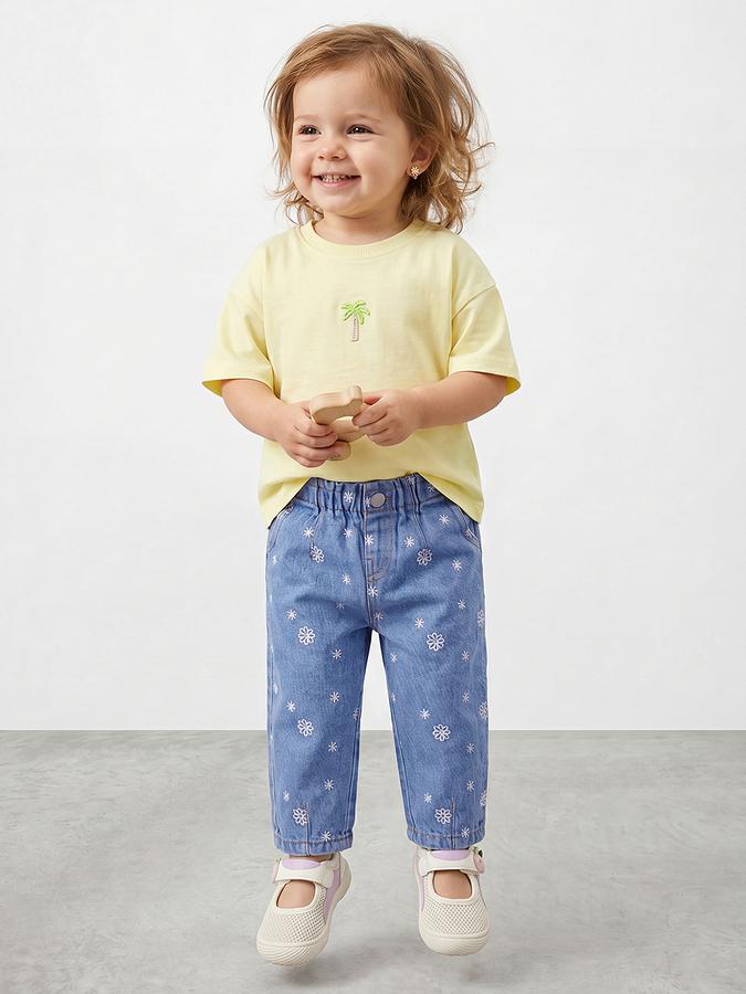 R&B Girls Blue Regular Fit Embroidered Mid-Rise Cotton Jeans
