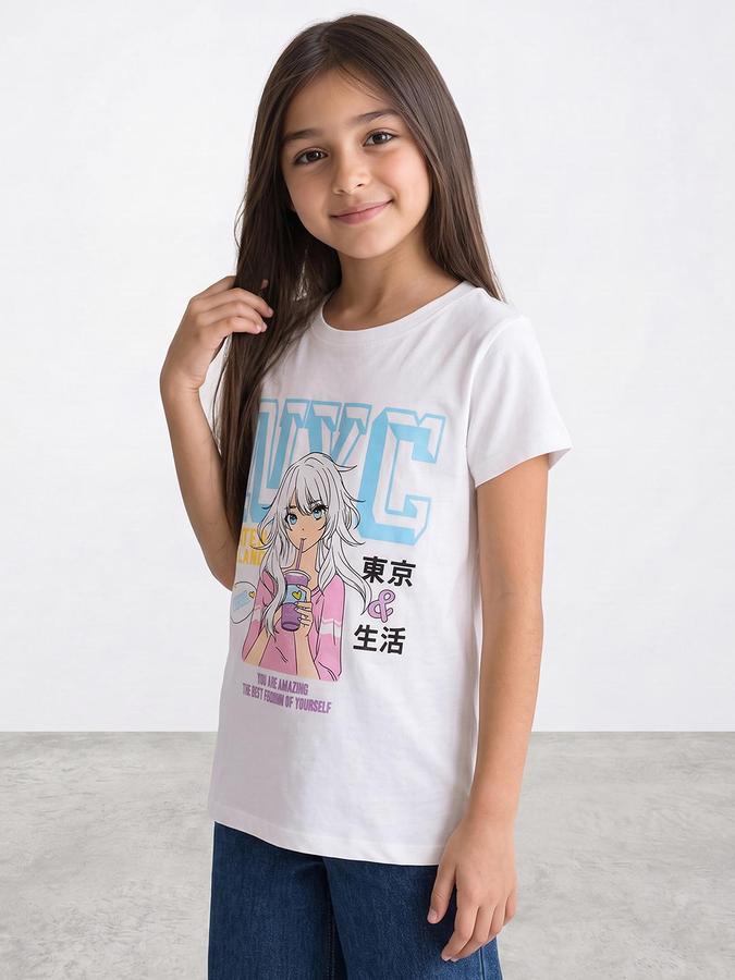 R&B Girls White Graphic Print Short Sleeves Round Neck Pure Cotton T-Shirt